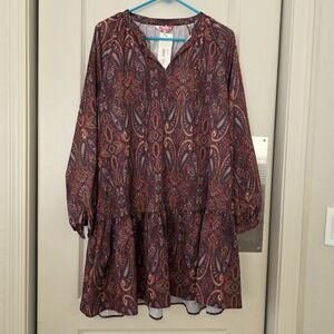 Paisley V-Neck Long Sleeve Tiered Dress - Burgundy